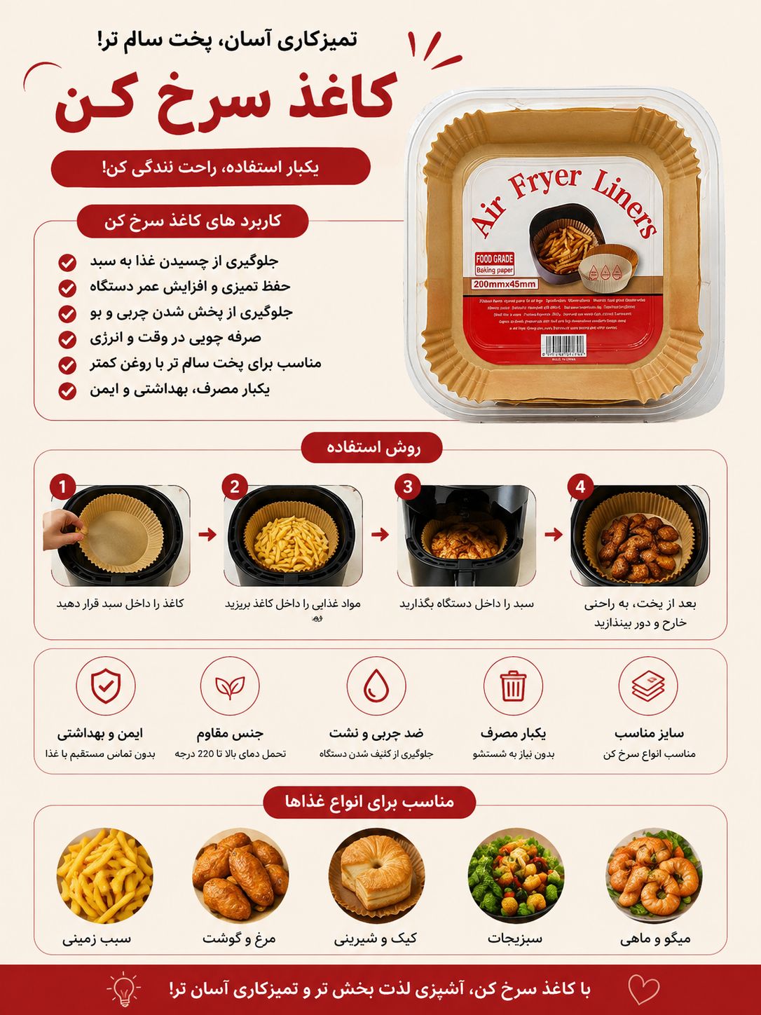کاغذ سرخ‌کن بدون روغن | کاغذ مخصوص ایرفرایر و فر – بسته ۵۰ عددی